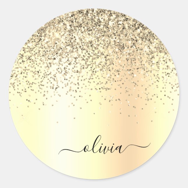 Adesivo Redondo Nome do Glam do Monograma Dourado Glitter Metal (Frente)