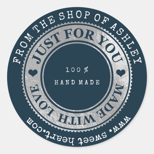 Adesivo Redondo Nome do logotipo artesanal Web Heart Marinho Prata