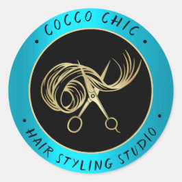 Adesivo Redondo Nome do logotipo do cabelo da tesoura Obrigado Azu