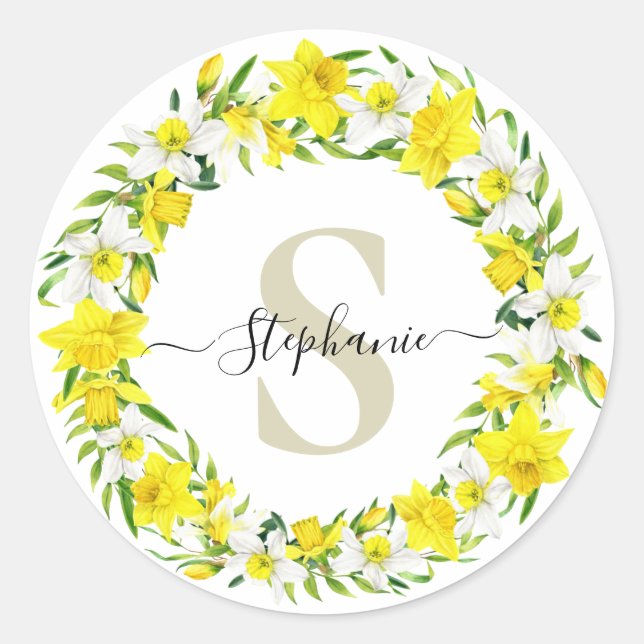 Adesivo Redondo Nome do Monograma da Garland Amarelo White Daffodi (Frente)