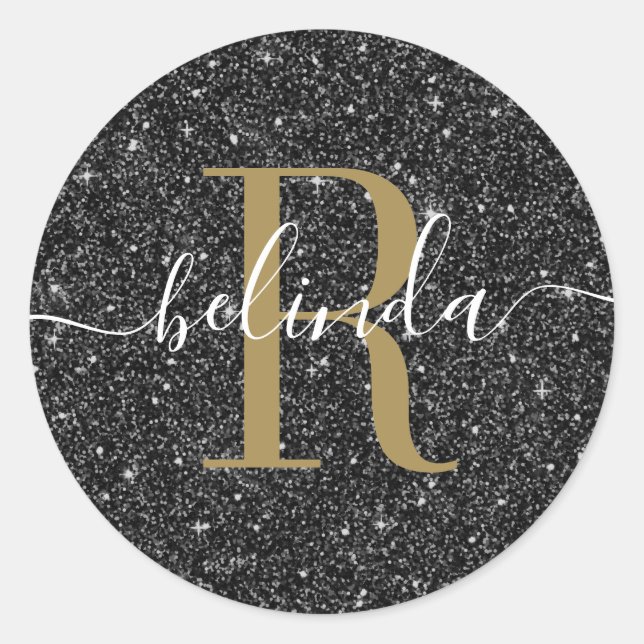 Adesivo Redondo Nome do Monograma da Largura Preta Dourada Chic (Frente)