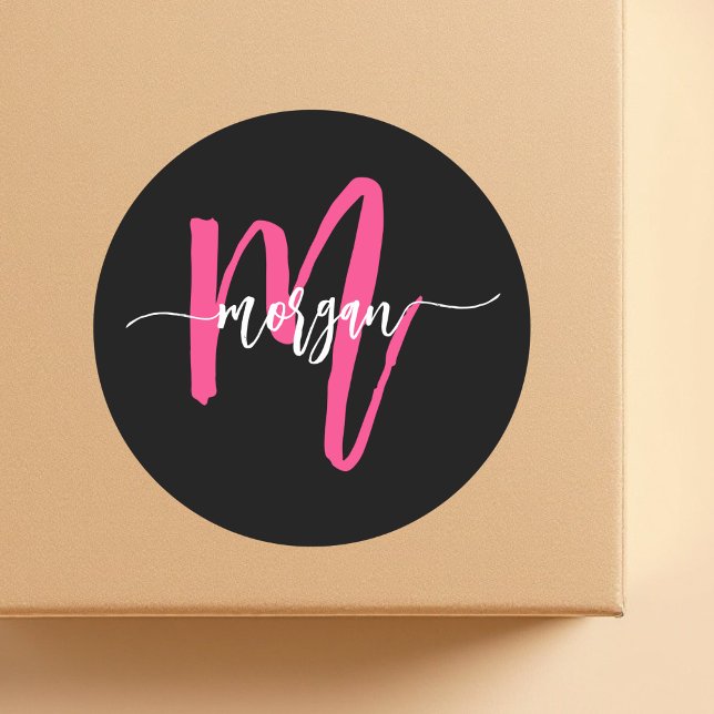 Adesivo Redondo Nome do Monograma da Rapariga Preta-Rosa Quente (Criador carregado)