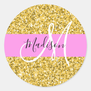 Adesivo Redondo Nome do Monograma de Brilho Rosa e Glitter Sparkle