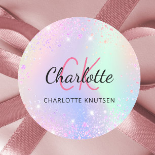 Adesivo Redondo Nome do monograma do pó de poeira rosa holográfi
