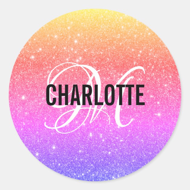 Adesivo Redondo Nome do Monograma do Rainbow Glitter (Frente)