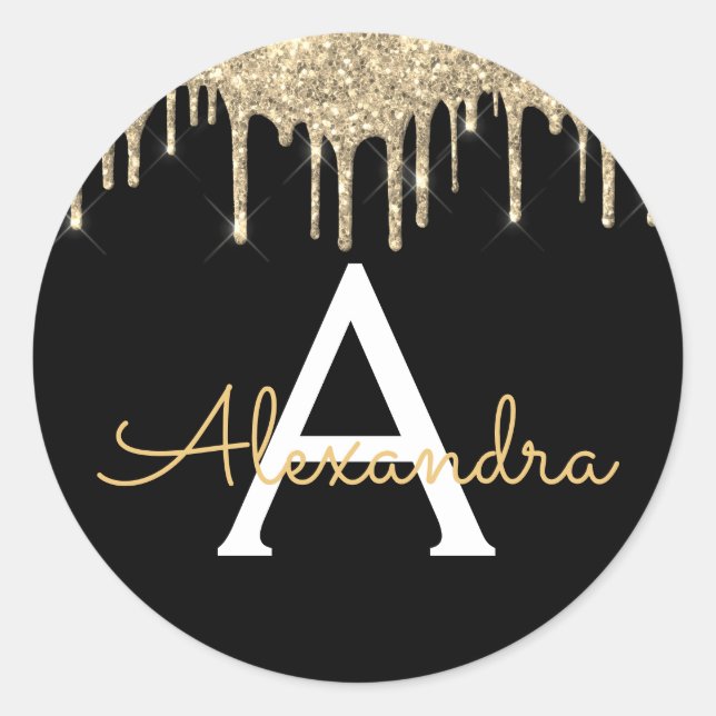 Adesivo Redondo Nome do Monograma Glitter do Luxo Dourado (Frente)