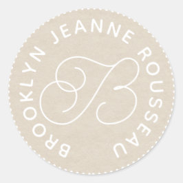 Adesivo Redondo Nome do Monograma Script Inicial de Envelope Creme