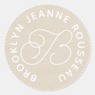 Adesivo Redondo Nome do Monograma Script Inicial de Envelope Creme