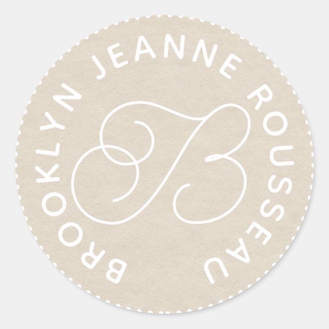 Adesivo Redondo Nome do Monograma Script Inicial de Envelope Creme (Frente)