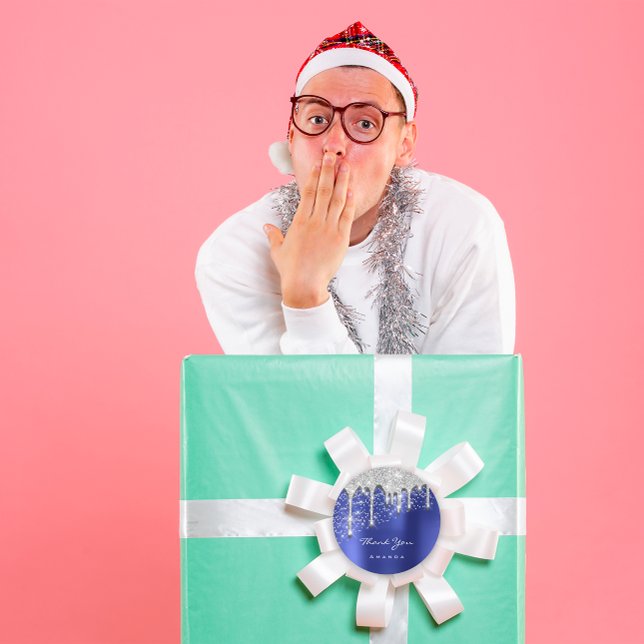 Adesivo Redondo Nome do obrigado 16ª Bridal Negra Brilhante 3D Roy (Thank Name 16th Bridal Black Glitter 3D Royal Blue Classic Round Sticker)