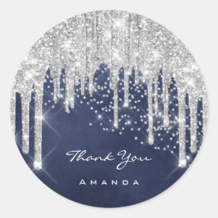 Adesivo Redondo Nome do obrigado 16º Cinza de noiva Confetti Azul