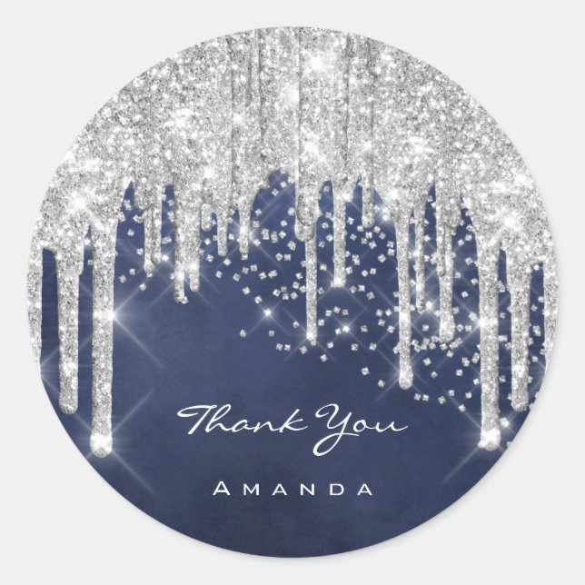 Adesivo Redondo Nome do obrigado 16º Cinza de noiva Confetti Azul (Frente)