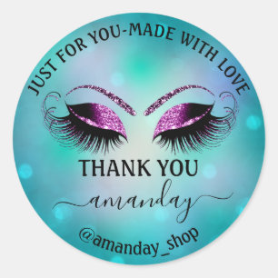 Adesivo Redondo Nome do obrigado Boutique Eyelash Compro Teal Pink