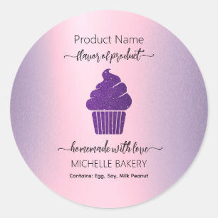 Adesivo Redondo Nome do produto da padaria de Cupcake roxo