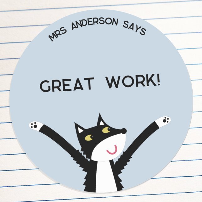 Adesivo Redondo Nome do Professor Encorajar Gato Engraçado (Fun cat teacher name school classroom student encouragement Great Work sticker)