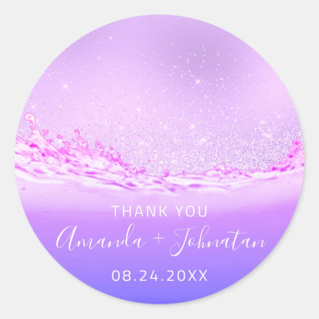 Adesivo Redondo Nome do Rosa do obrigado Data Sparple Waves roxas  (Frente)