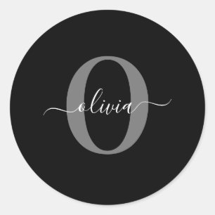 Adesivo Redondo Nome do script do monograma personalizado Cinza br