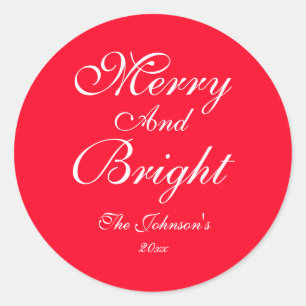 Adesivo Redondo Nome do Script Merry And Bright Vermelho Chic Nata