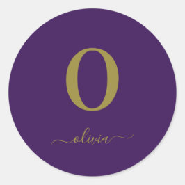 Adesivo Redondo Nome do Script Monograma Personalizado Roxo E Dour
