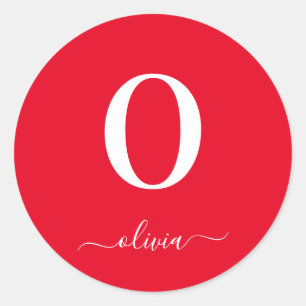 Adesivo Redondo Nome do Script Monograma Personalizado Vermelho e 