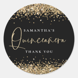 Adesivo Redondo Nome Dourado da Glitter Quinceañera Obrigado Preto