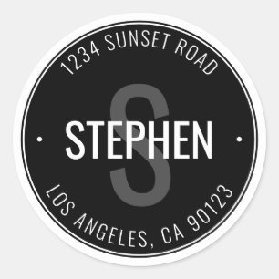 Adesivo Redondo Nome e endereço mínimos modernos   Preto e branco