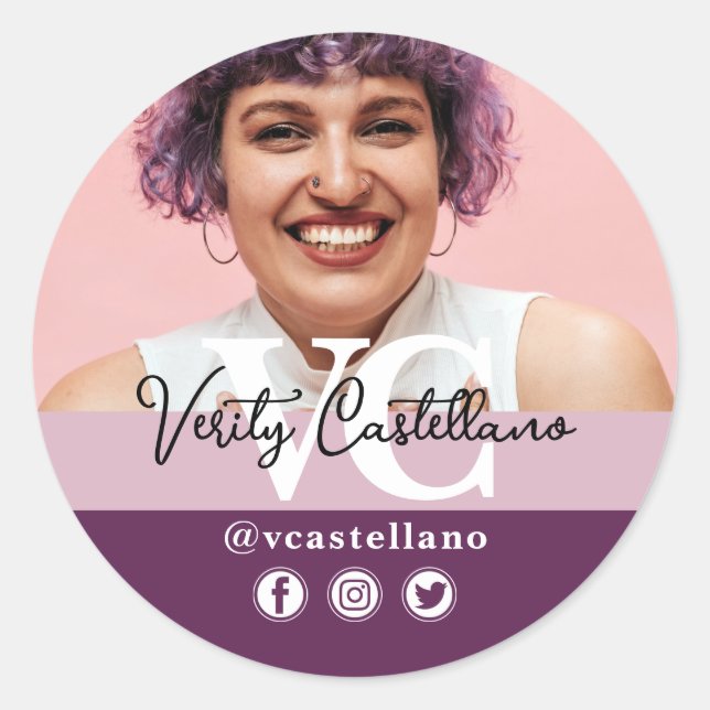 Adesivo Redondo Nome e Foto Personalizadas do Script Mauve Elegant (Frente)