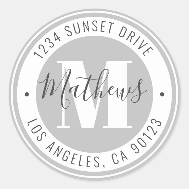 Adesivo Redondo Nome e Texto Circular Monograma | Cinzas e brancas (Frente)