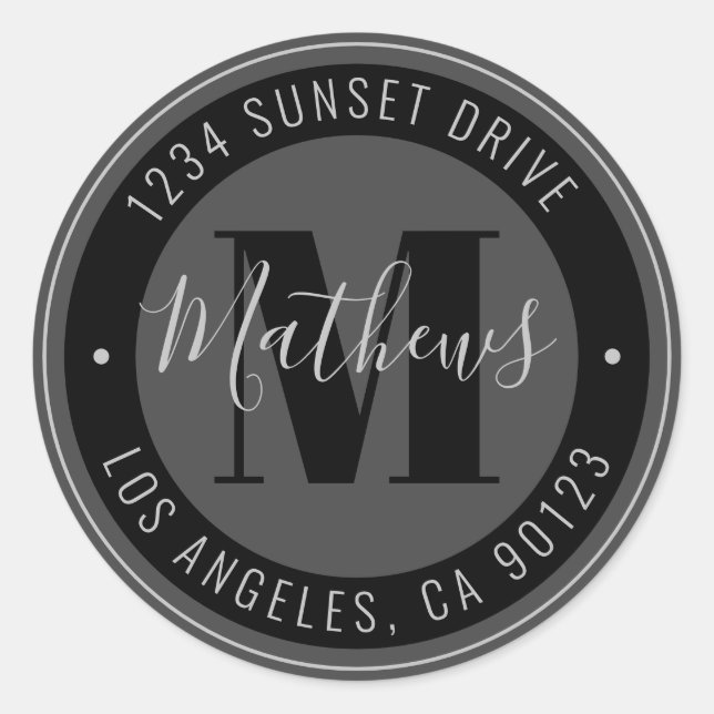 Adesivo Redondo Nome e Texto Circular Monograma | Cinzas e preto (Frente)