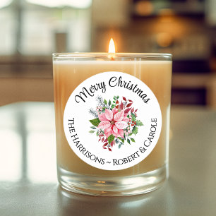 Adesivo Redondo Nome Merry Christmas Pink Poinsettia Buquê 3 in