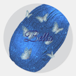 Adesivo Redondo Nome Moderno Brilhando Azul Real com Borboletas