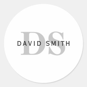 Adesivo Redondo Nome Moderno e Monograma   Cinza e branco preto