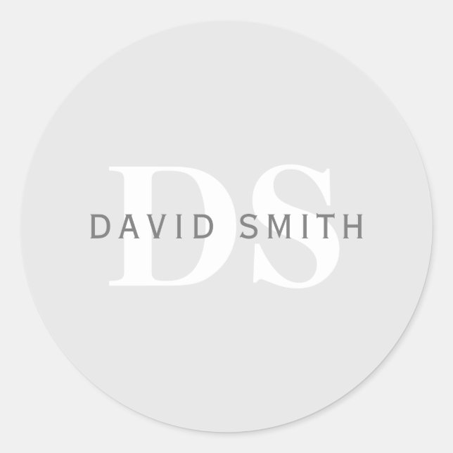 Adesivo Redondo Nome Moderno e Monograma | Cinzas claras e escuras (Frente)