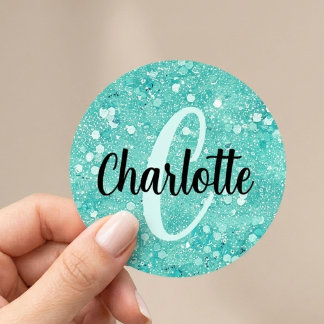 Adesivo Redondo Nome Monograma Brilho Glitter Falso Glam Teal Mint