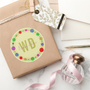 Adesivo Redondo Nome Monograma Círculos Coloridos Amarelo Roxo