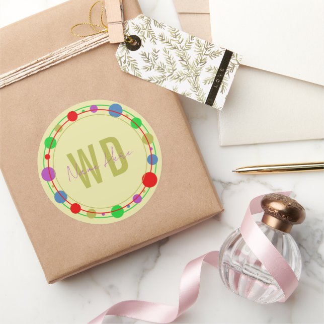 Adesivo Redondo Nome Monograma Círculos Coloridos Amarelo Roxo (Presentear)