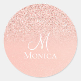 Adesivo Redondo Nome monograma com brilho de glitter rosa moderno 