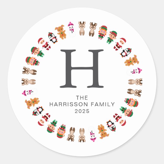 Adesivo Redondo Nome Monograma da Família Floral Christmas Wreath (Frente)