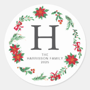 Adesivo Redondo Nome Monograma da Família Floral Christmas Wreath