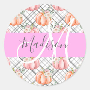 Adesivo Redondo Nome Monograma de Menina Floral Cinza Rosa Pêssego