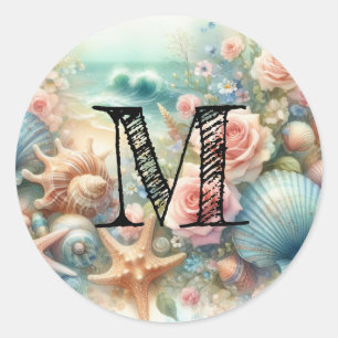 Adesivo Redondo Nome monograma em Flores de aquarela mar conchas 