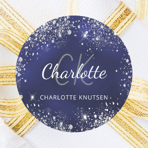 Adesivo Redondo Nome monograma em glitter prateado azul marinho