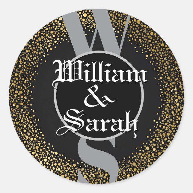 Adesivo Redondo nome Monograma personalizado dourado preto cinza e (Frente)
