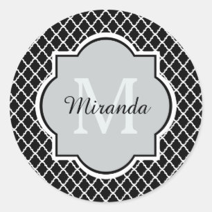 Adesivo Redondo Nome Monogrammed preto e branco moderno de