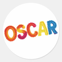 Adesivo Redondo Nome OSCAR no Padrão de Crochet Vibrante