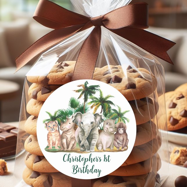 Adesivo Redondo Nome Personalizado Animais Safari Palmeiras (Criador carregado)