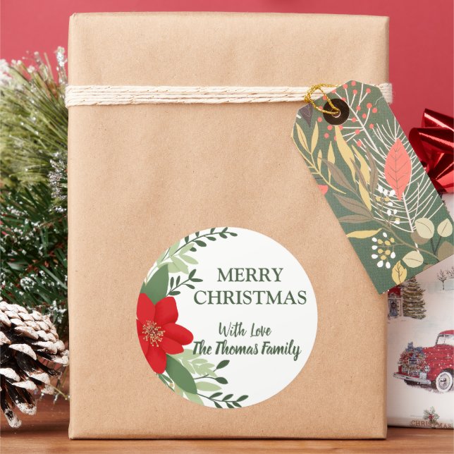 Adesivo Redondo Nome Personalizado Botânico do Natal Elegante (Feriado)
