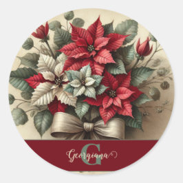 Adesivo Redondo Nome Personalizado Buquê Vintage de Poinsettia em 