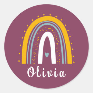 Adesivo Redondo Nome Personalizado com Boho Rainbow Minimalista