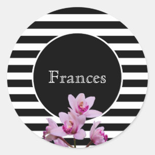 Adesivo Redondo Nome Personalizado com Strips e Orquídeas Pretas e